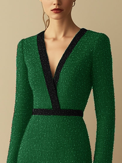 High-End Loose Fashion Elegant Ribbon Green Tweed Dress