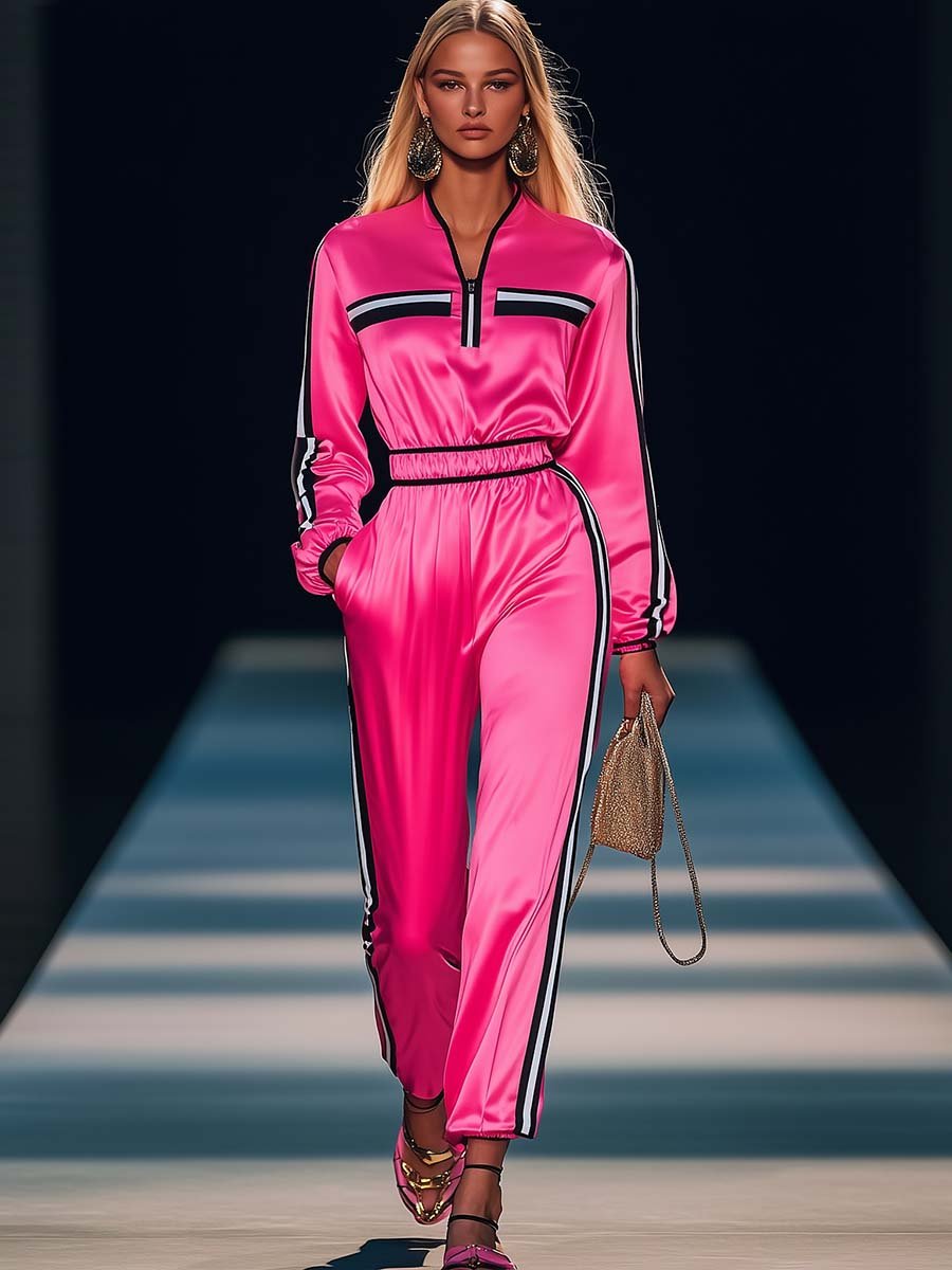 Elegant Sporty Black and White Striped V-neck Hot Pink Satin Jumpsuit