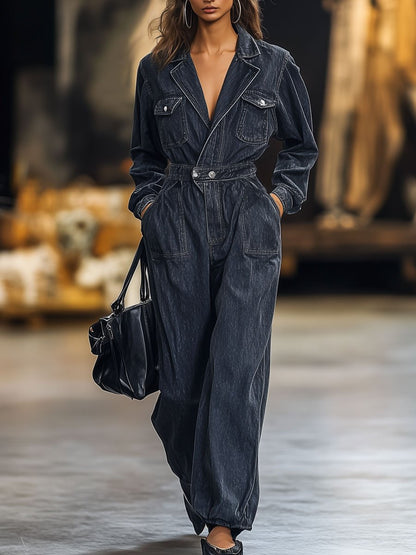 Casual Loose Retro Multi-Pocket Long Sleeve Denim Jumpsuit