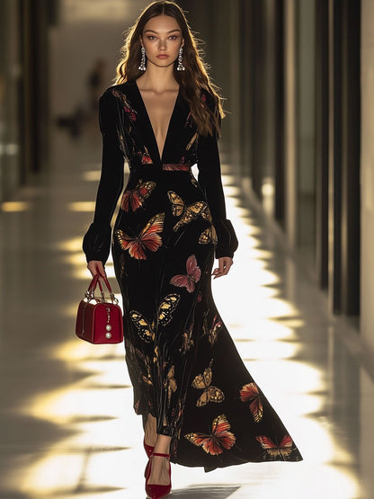 Fashion Retro Black Velvet Butterfly Print V-Neck Long Sleeve Maxi Dress