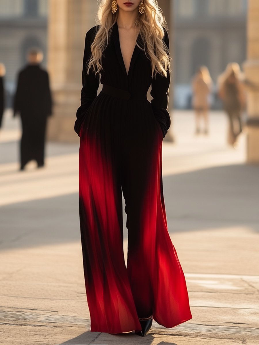 High-End Fashionable Black And Red Tie-Dyed Wide-Leg Jumpsuit