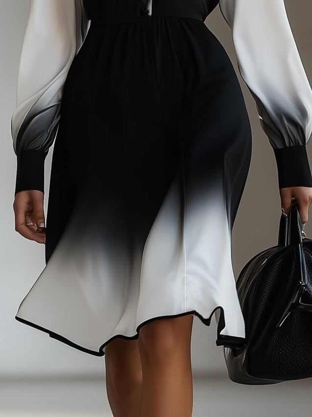 Artistic Black and White Gradient Long Sleeve Midi Dress