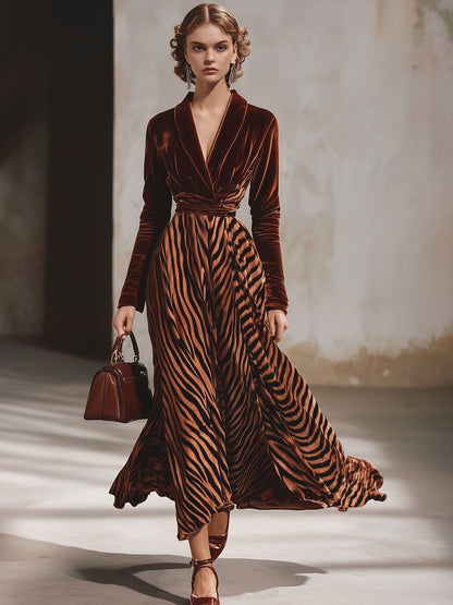 Fashion Retro Velvet Zebra Splicing Lapel Long Sleeve Midi Dress