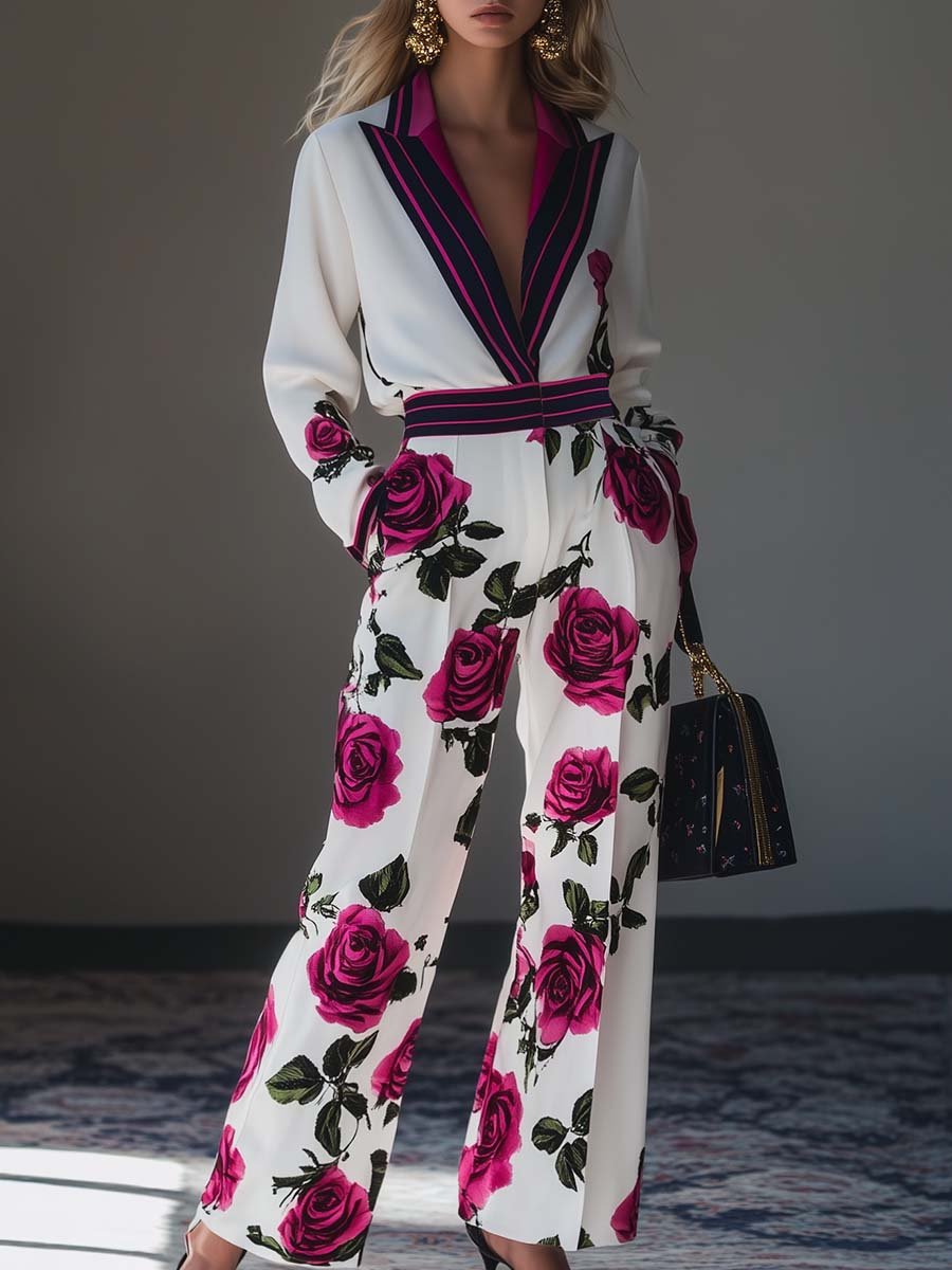 Fashionable and Personalized V-neck Contrast Edge Rose Print Jumpsuit