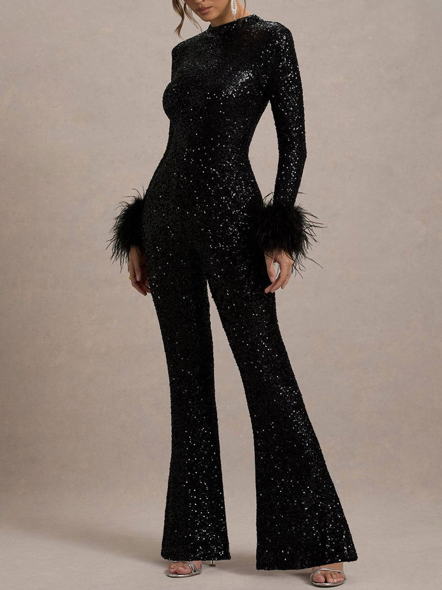 Fashion Party Sequin Feather Stitching Round Neck Long Sleeve Flared Jumpsuit