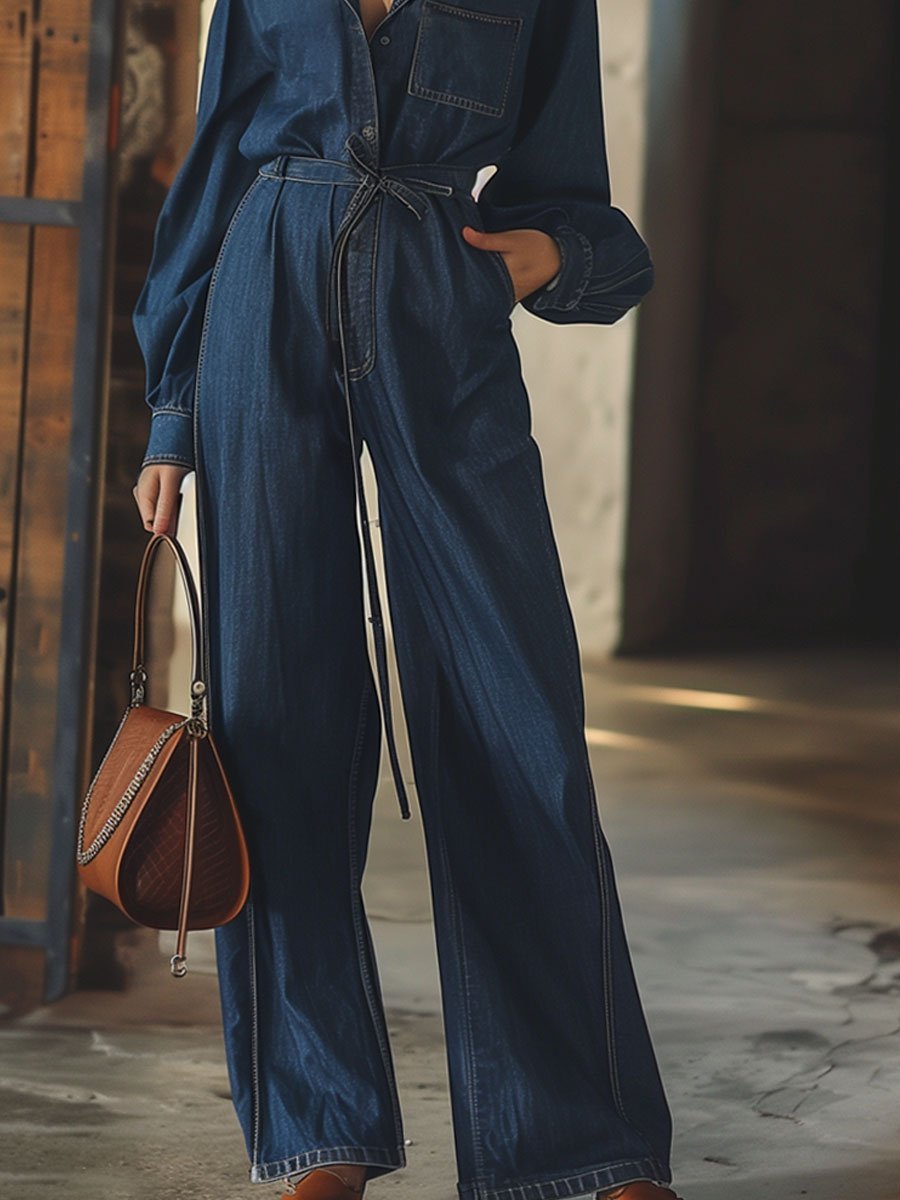 Casual Loose Lapel Belted Long-Sleeved Denim Jumpsuit