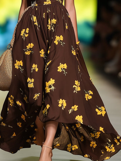 Romantic Vacation Tube Top Printed Brown Maxi Dress