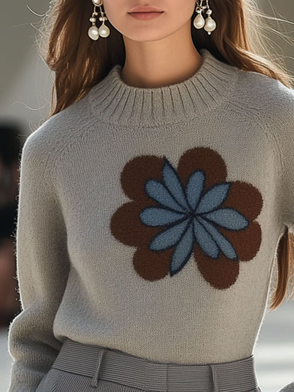 Casual Loose Fashion Flower Knitted Round Neck Pullover Sweater