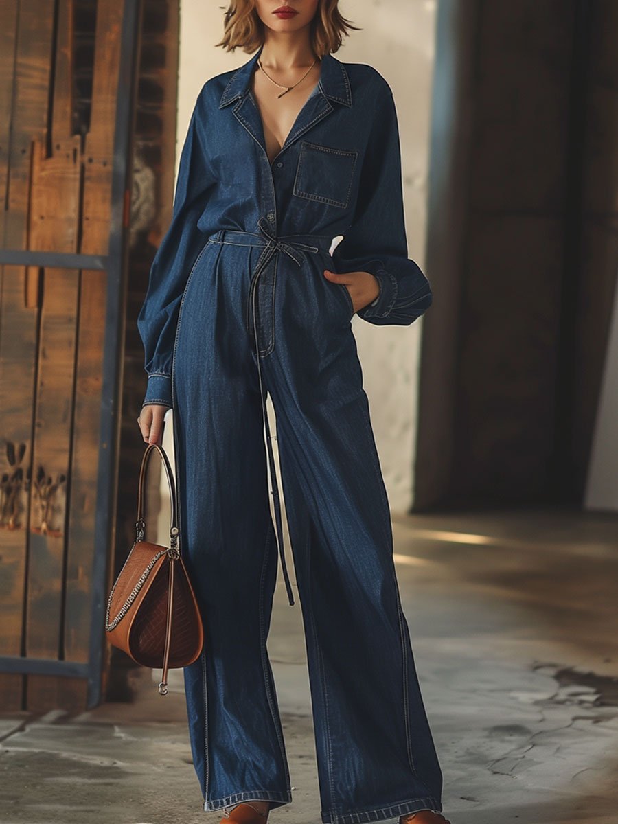 Casual Loose Lapel Belted Long-Sleeved Denim Jumpsuit