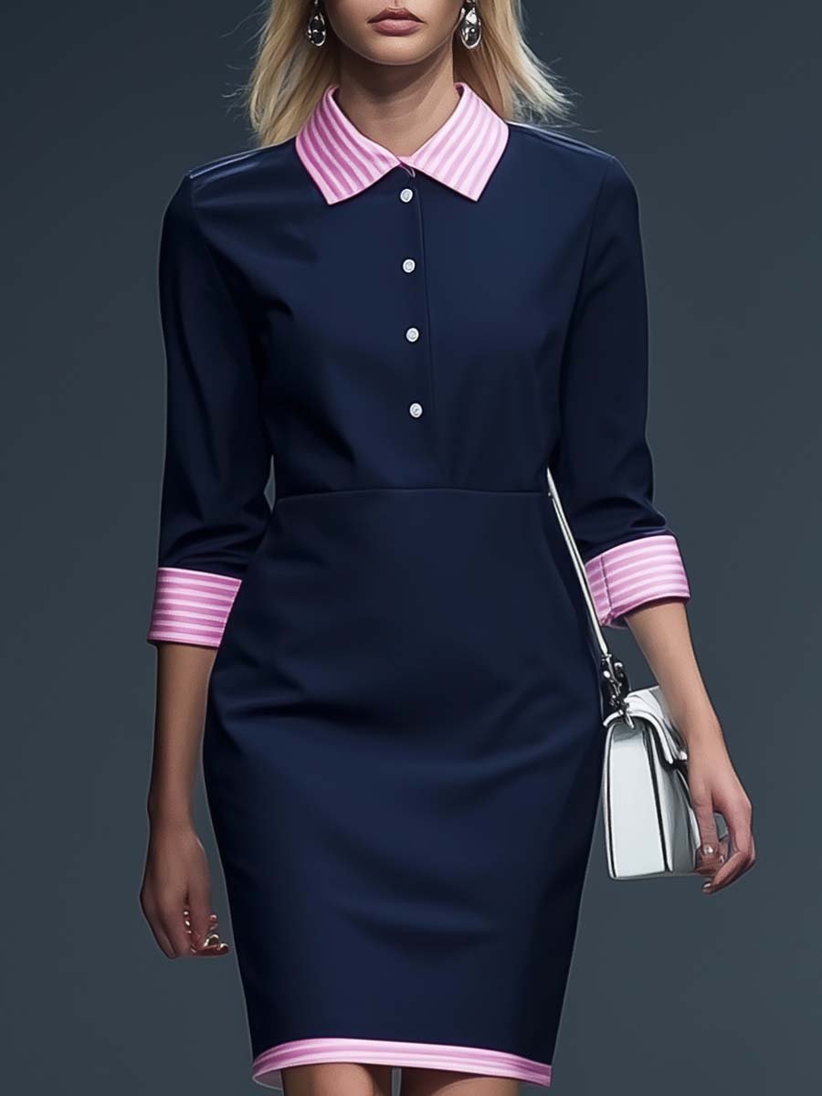 Elegant Commuter Pink Striped Shirt Collar Contrast Navy Blue Mini Dress