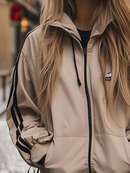 Casual and Comfortable Hooded Black Edge Beige Jacket