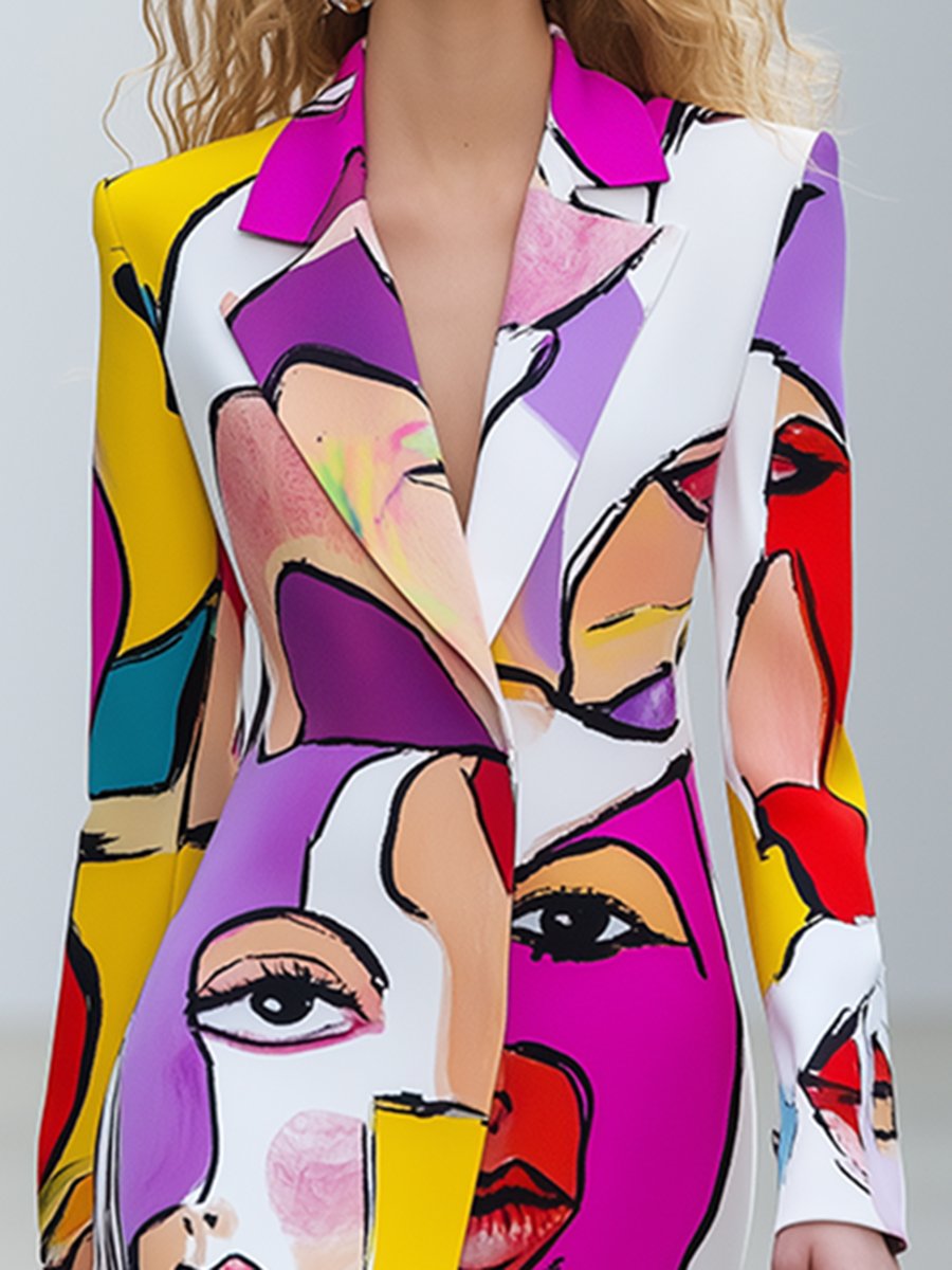 Simple and Fashionable Abstract Face Print Lapel Midi Dress