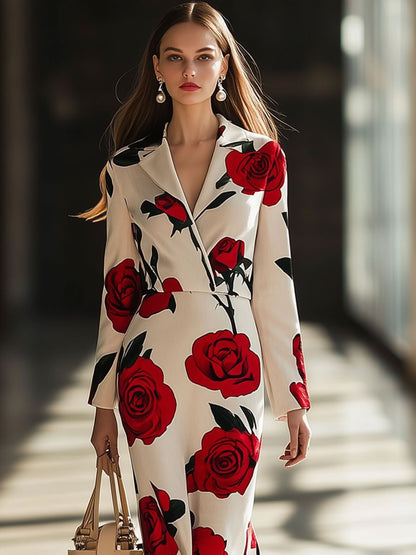 Fashion Vintage Velvet Rose Print Lapel Long Sleeve Maxi Dress