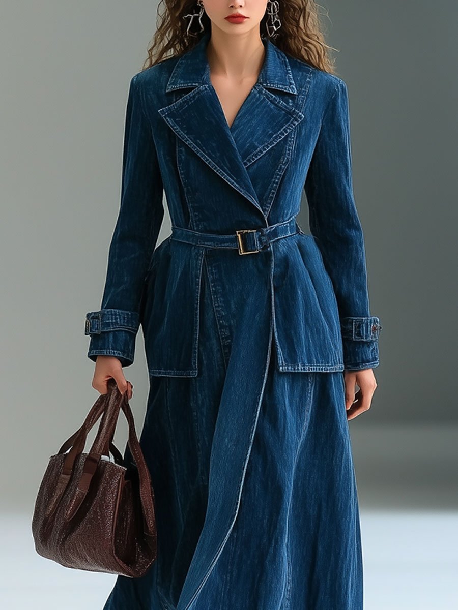 Casual Loose Retro Lapel Lace-Up Denim Trench Coat