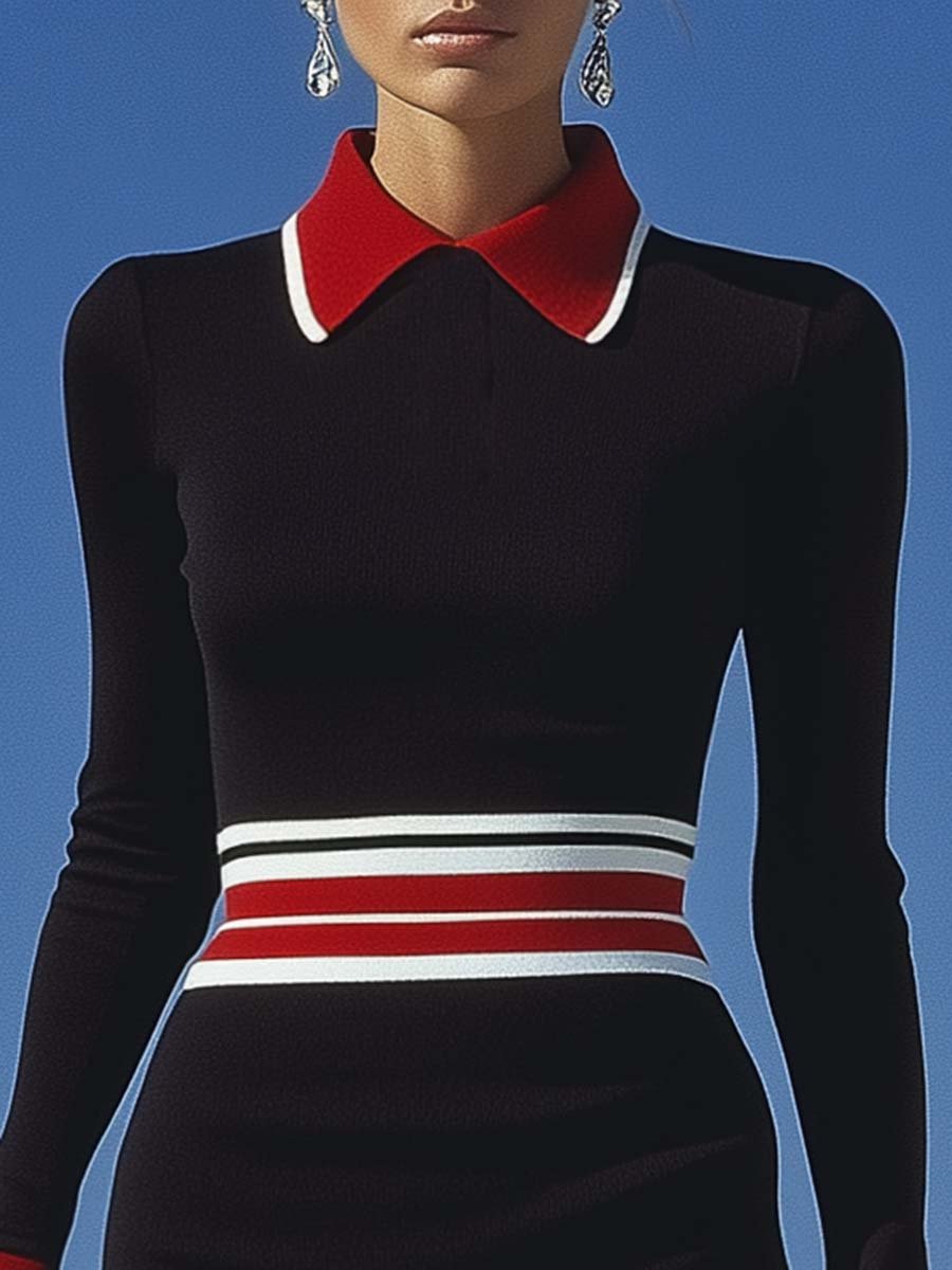 Classic Polo Collar Red and White Contrast Black Mini Dress