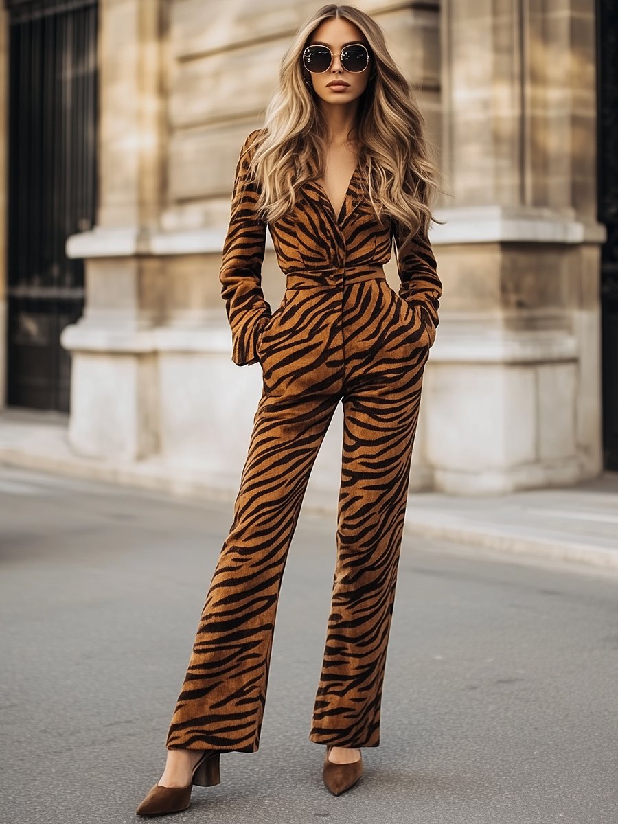 Casual Loose Retro Suede Zebra Print Lapel Long Sleeve Jumpsuit