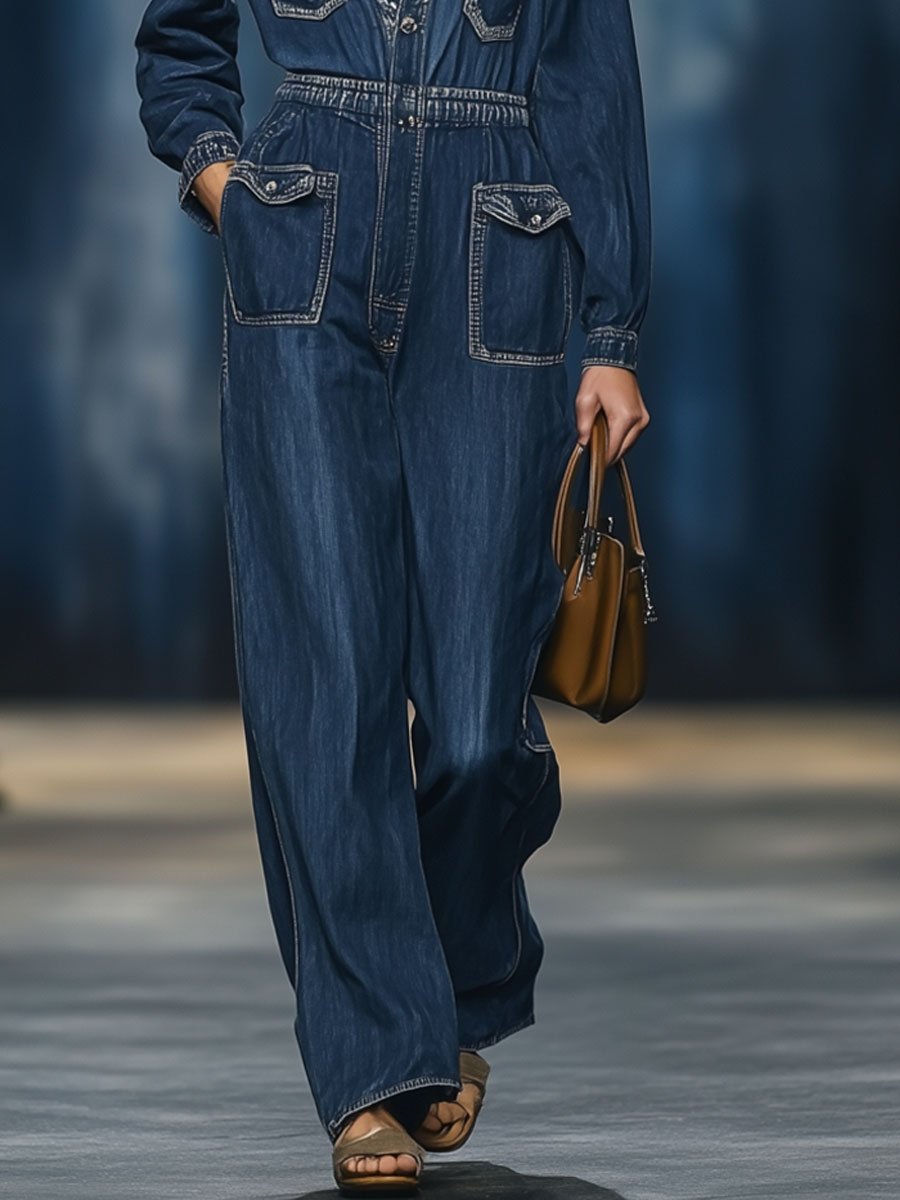 Casual Multi-Pocket Elastic Waist Long Sleeve Wide Leg Denim Jumpsuit