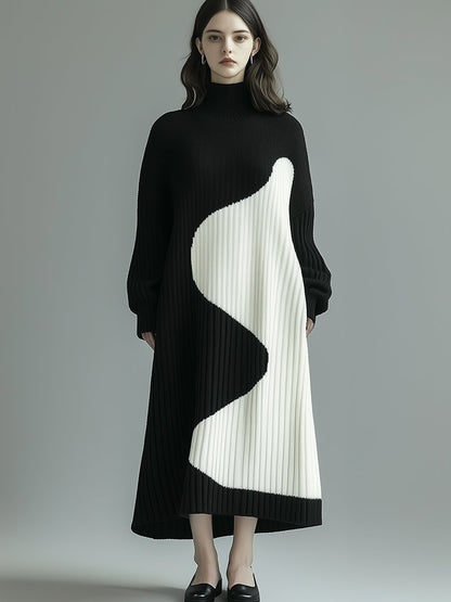 Lazy High-End Black And White Contrast Half-High Collar Pullover Knitted Dress