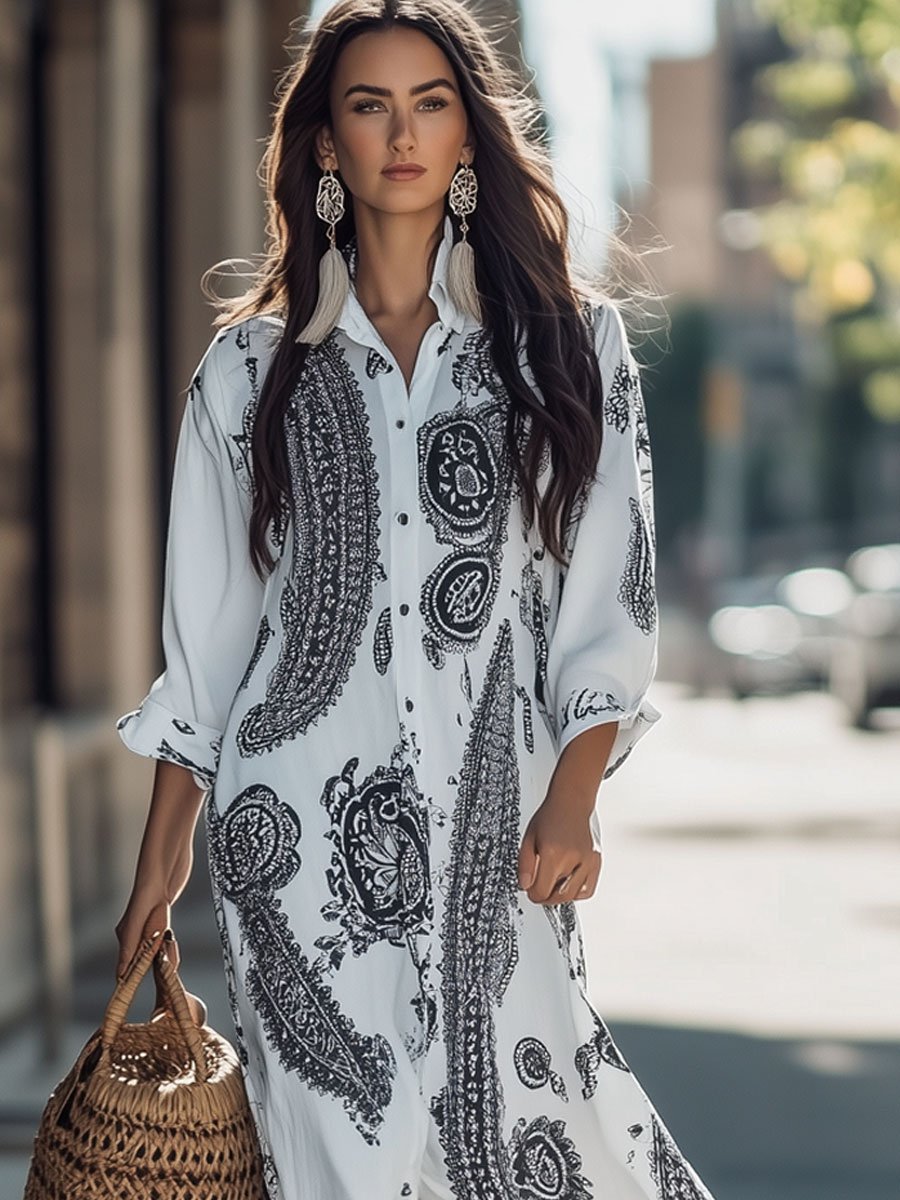 Loose Holiday Cotton and Linen Cashew Flower Print Long Sleeve Shirt Maxi Dress