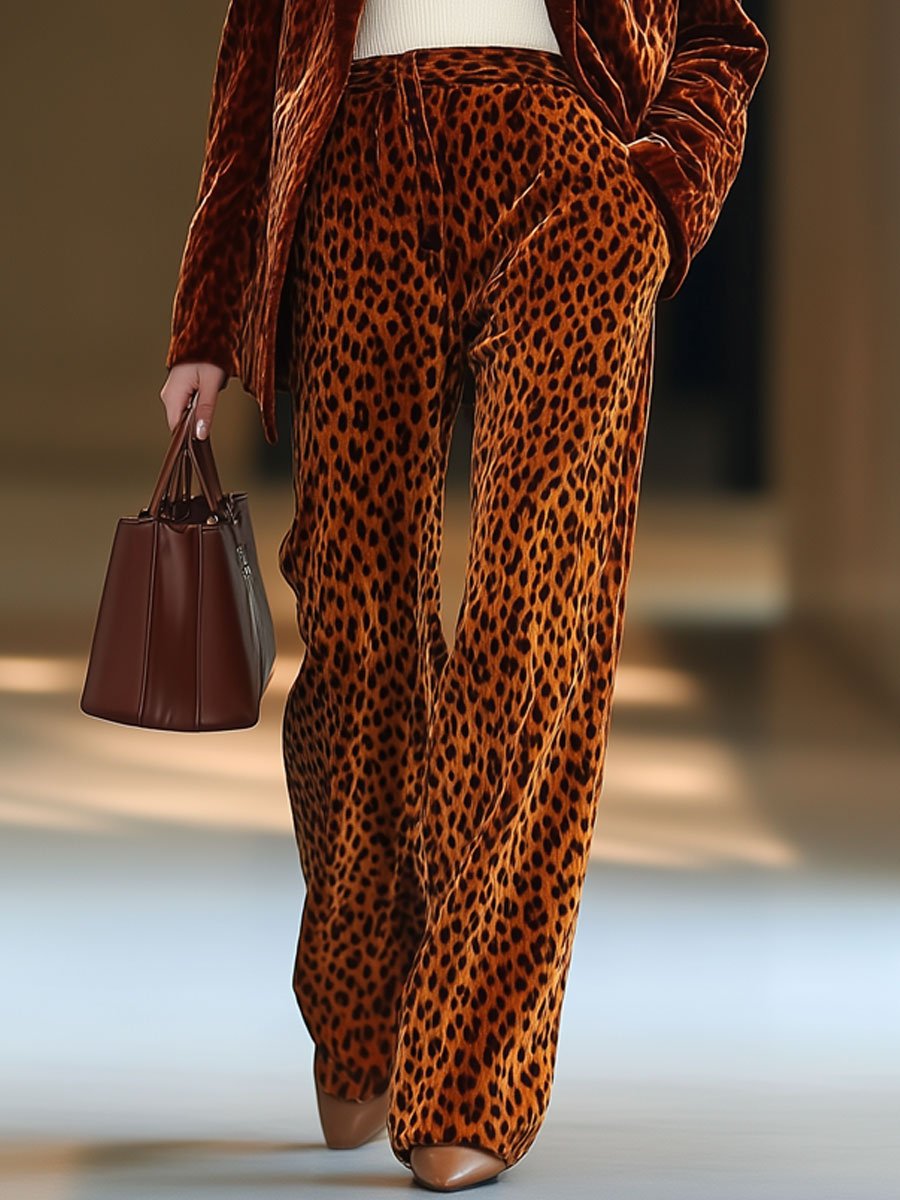 Casual Loose Retro Velvet Leopard Print Straight Suit Pants