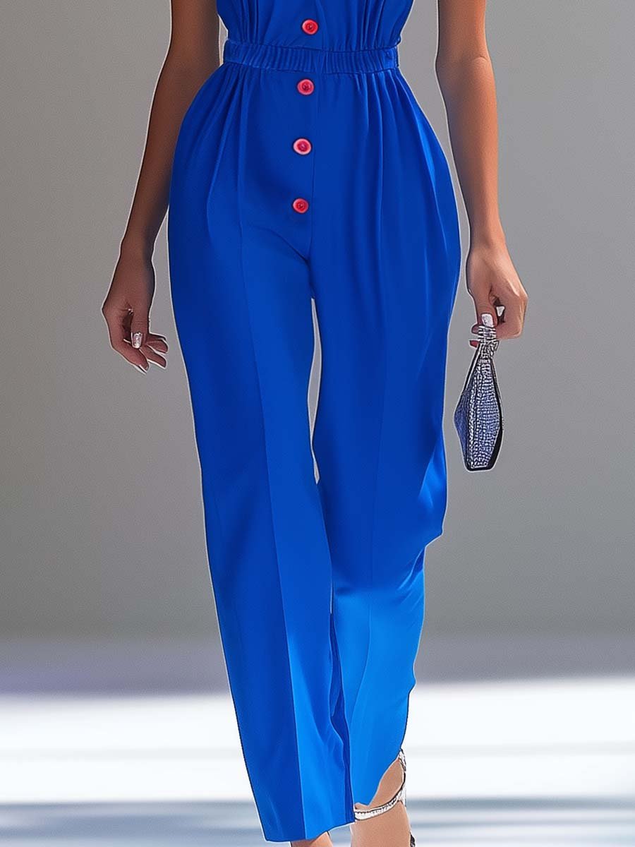 Fashionable and Personalized Sleeveless Contrast Color V-neck Blue Jumpsuit