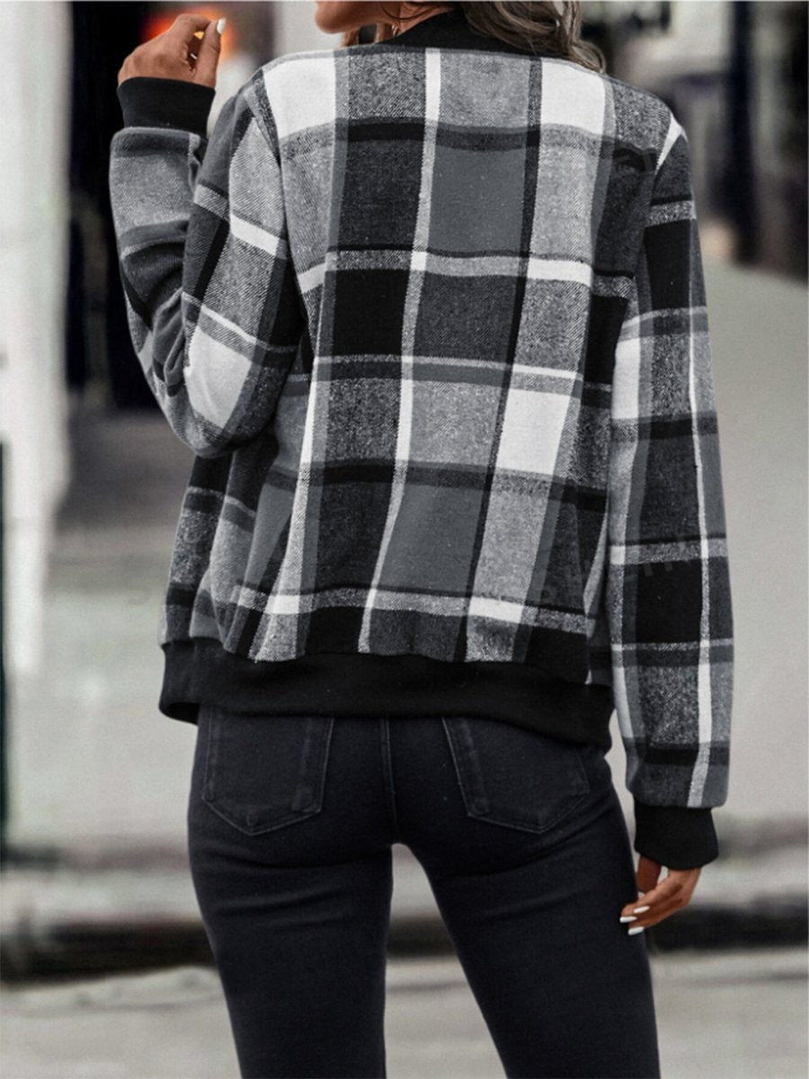 Fashionable Casual Loose Black And White Check Zipper Jacket