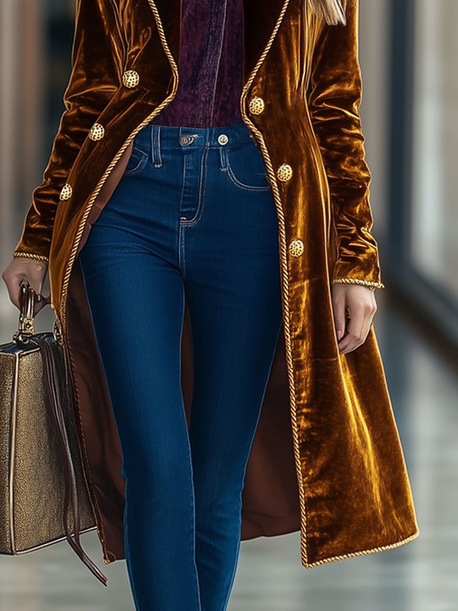 Casual Loose Retro Velvet Gold-Rimmed Lapel Double-Breasted Coat