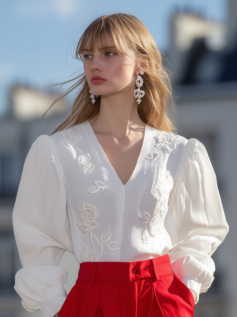 Retro Elegant Fashionable Rose Embroidery White Shirt