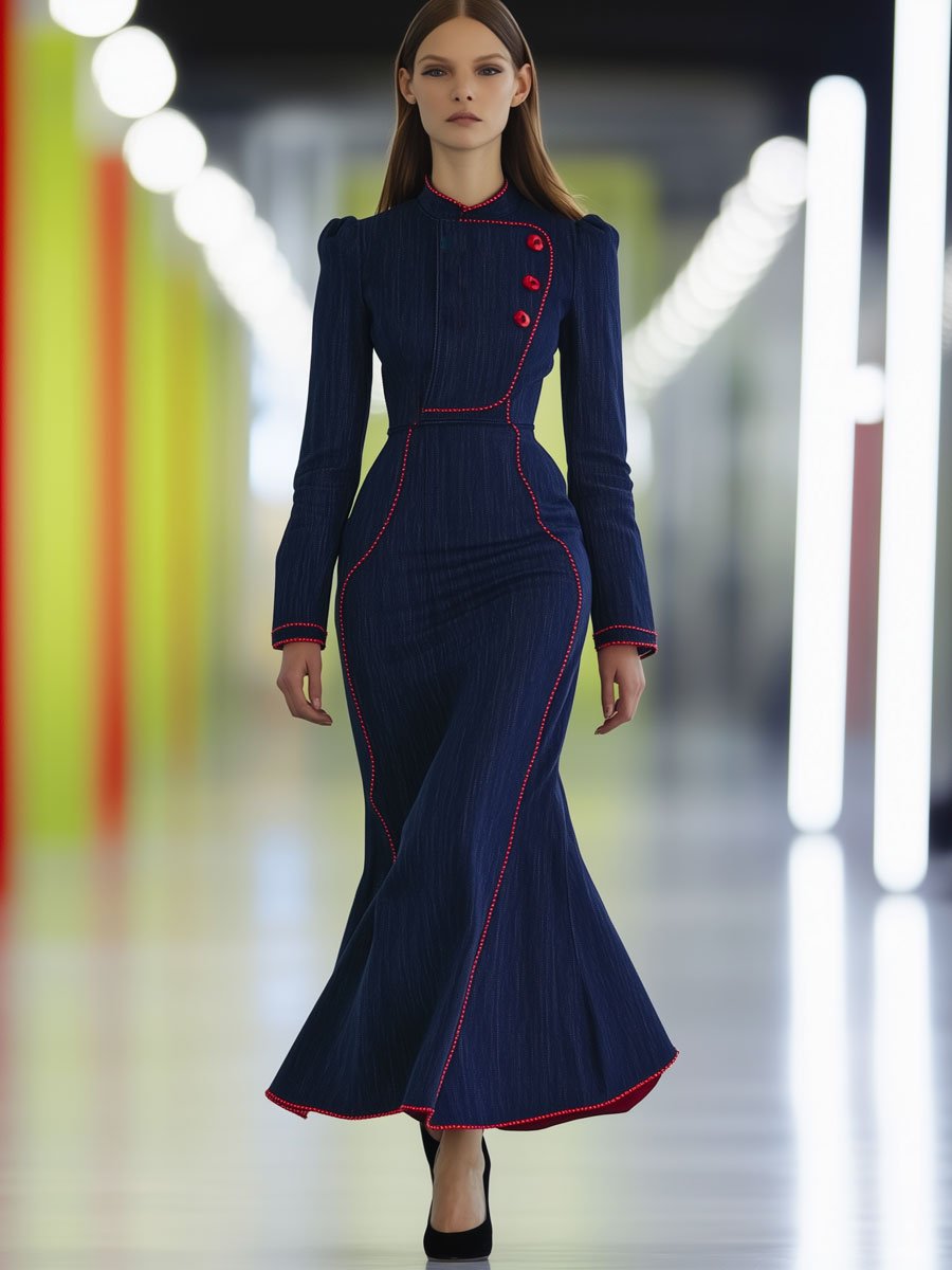 Retro Fashion Navy Blue Denim Red Topstitching Long Sleeve Maxi Dress