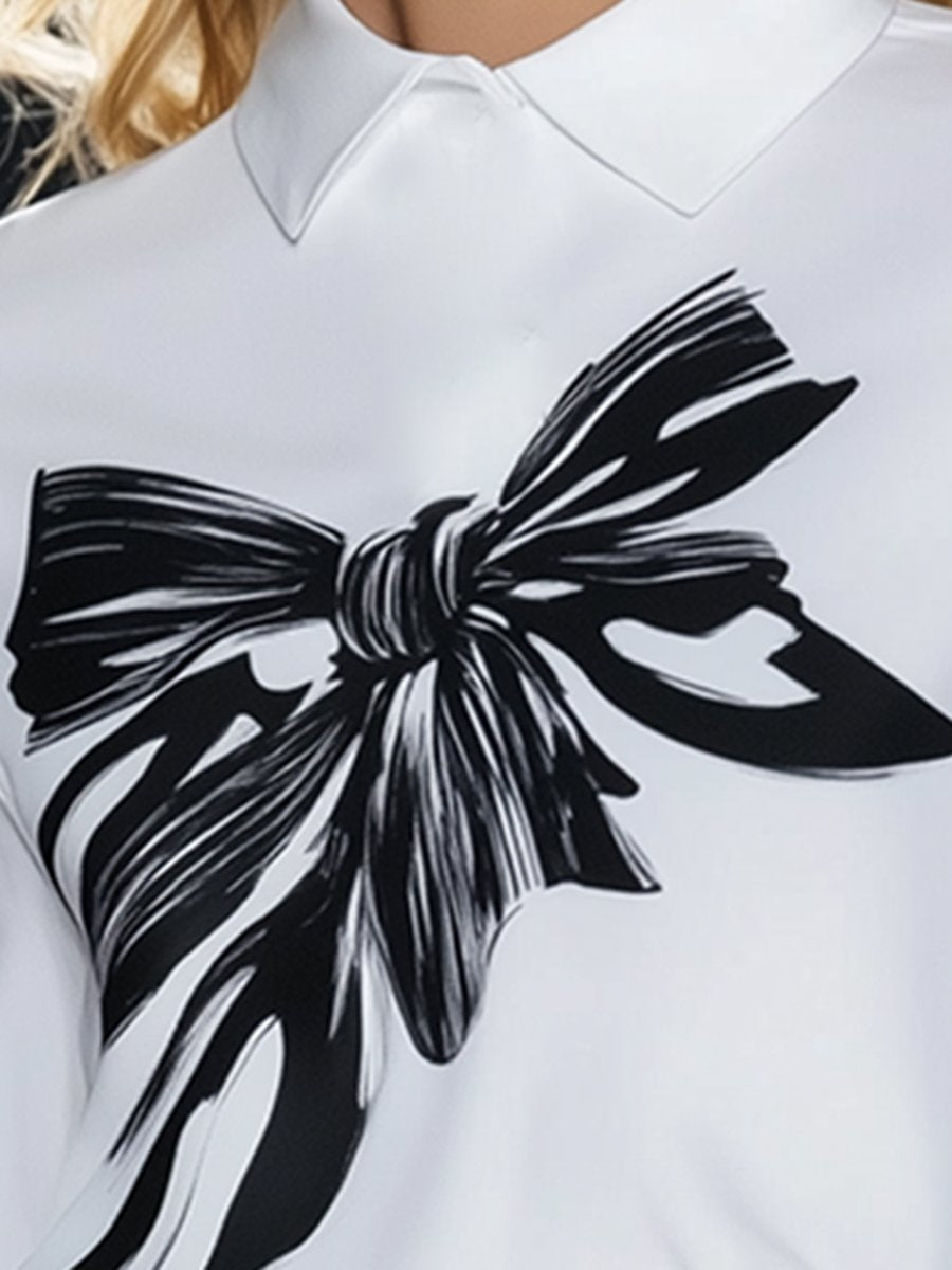 Fashionable And Casual Bow Print Polo Collar Top