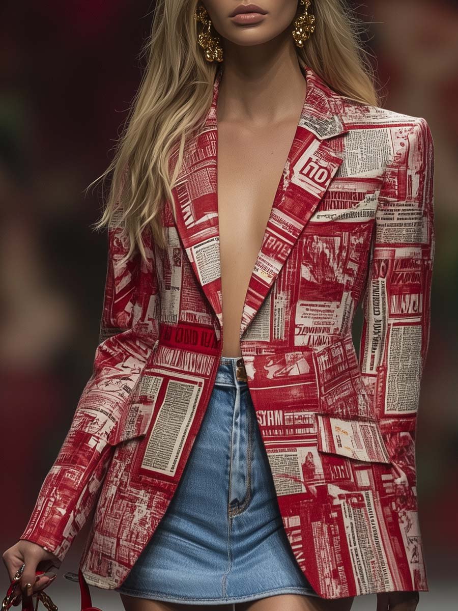 Stylish Personalized Newspaper Print Red Blazer