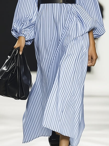 Classic Cotton Blue And White Striped Long Sleeve Maxi Dress