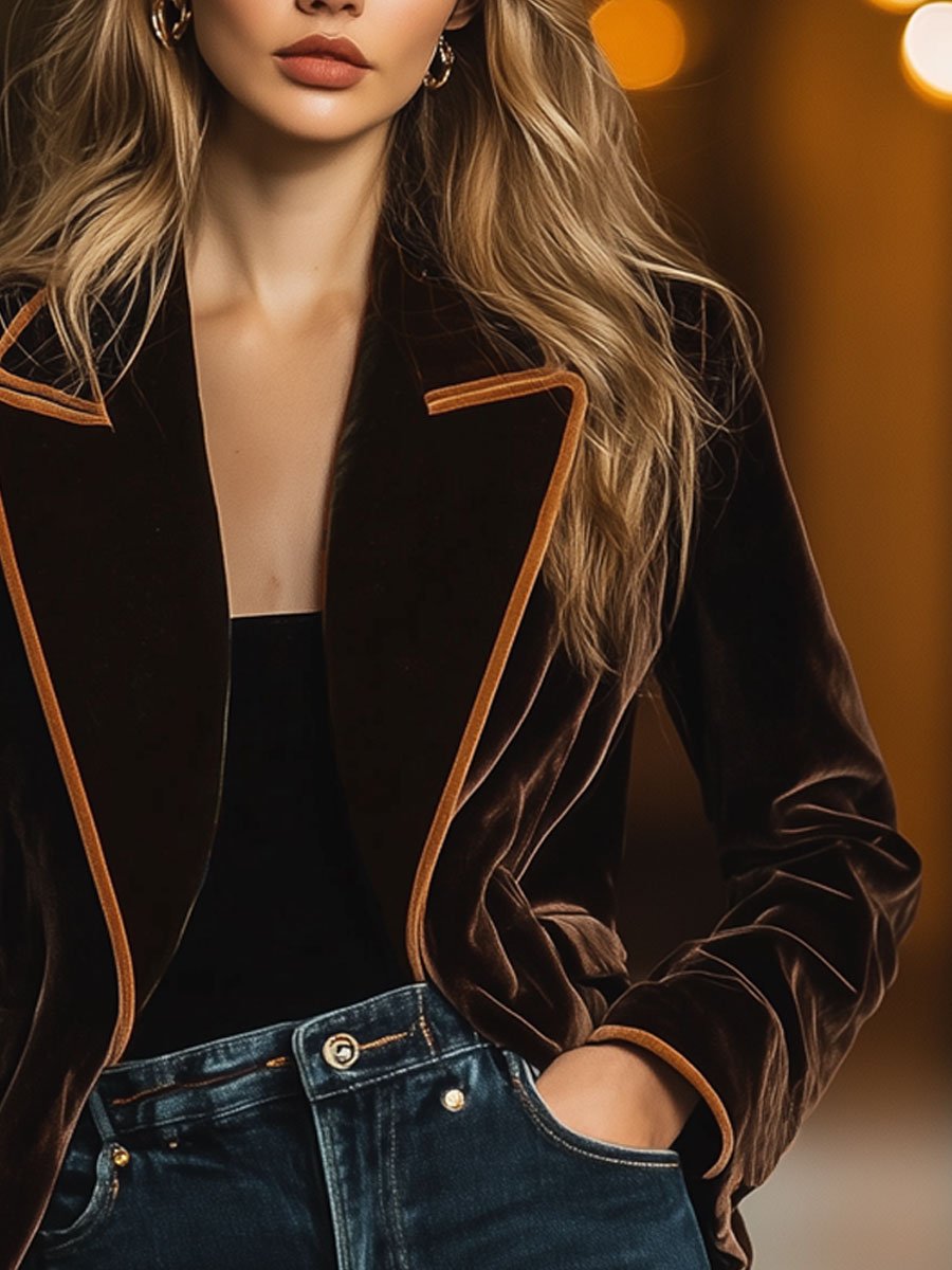 Casual Loose Retro Velvet Lapel Color-Blocked Striped Blazer