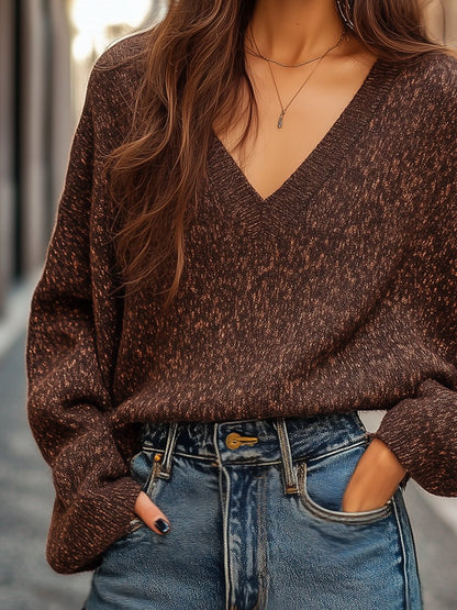 Retro Fashion V-Neck Drop Shoulder Long Sleeve Knitted Sweater