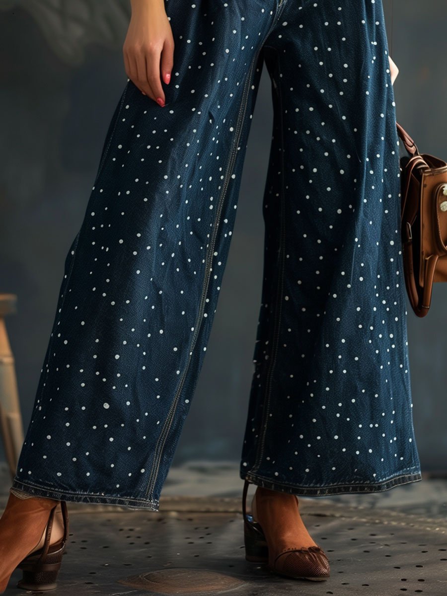 Casual Retro Polka Dot Ink Pocket Wide Leg Jeans