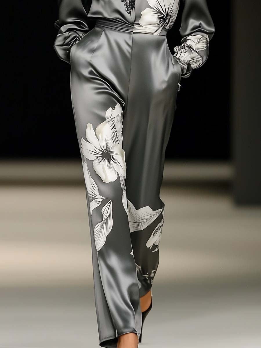 Fashion V-neck Lace Stitching White Floral Print Grey Satin Jumpsuit