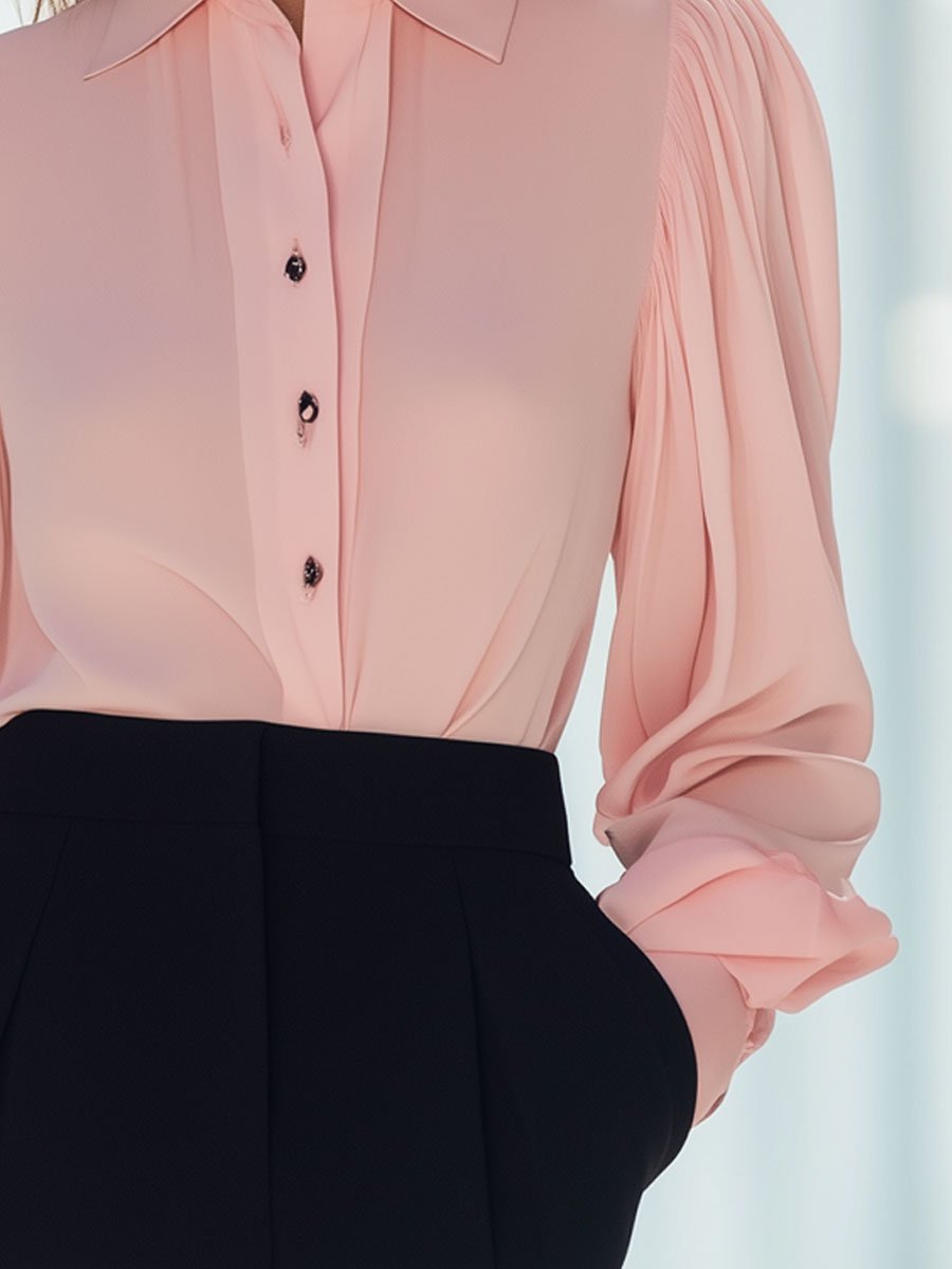 Casual Loose Fashion Chiffon Pleated Pink Long Sleeve Blouse