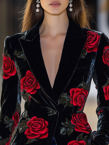 Casual Loose Retro Black Velvet Red Rose Print Blazer