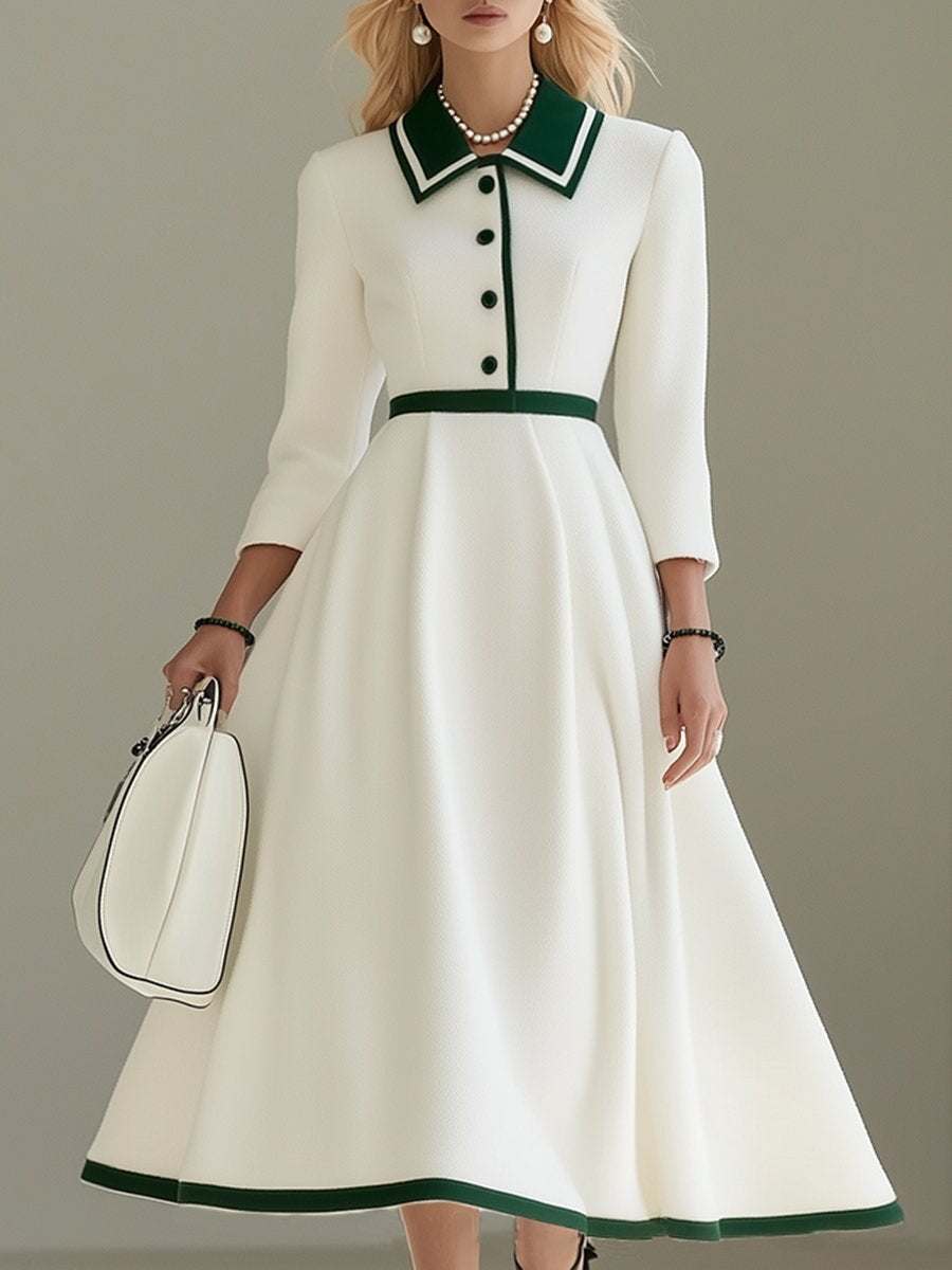 High-End Fashionable Temperament Color Matching Lapel Midi Dress