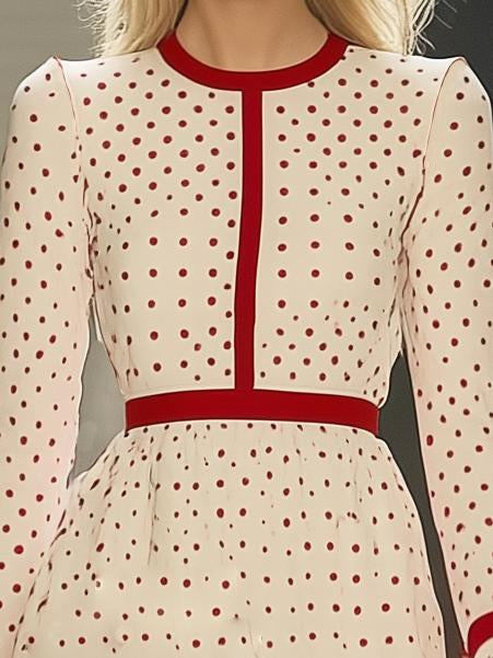 Retro Elegant Red Polka Dot Hemming Long Sleeve Midi Dress