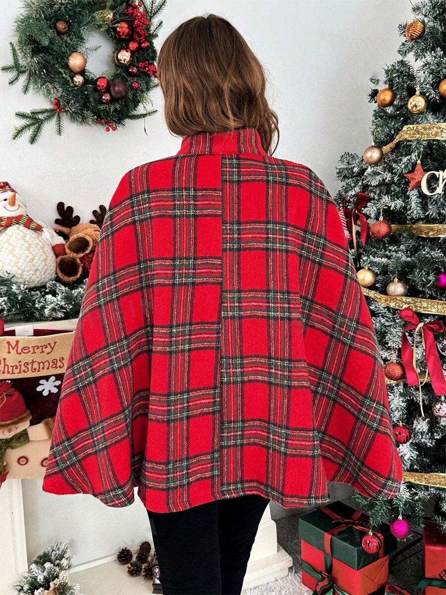 Retro Loose Fashionable Christmas Plaid Horn Button Cape Wool Coat