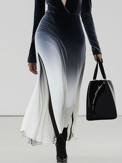 Fashion Retro Velvet Black And White Gradient Long Sleeve V-Neck Maxi Dress