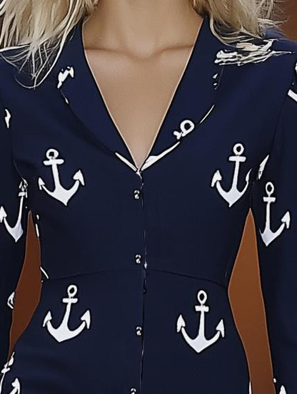 Elegant Anchor Print Lapel Navy Blue Long Sleeve Mini Dress