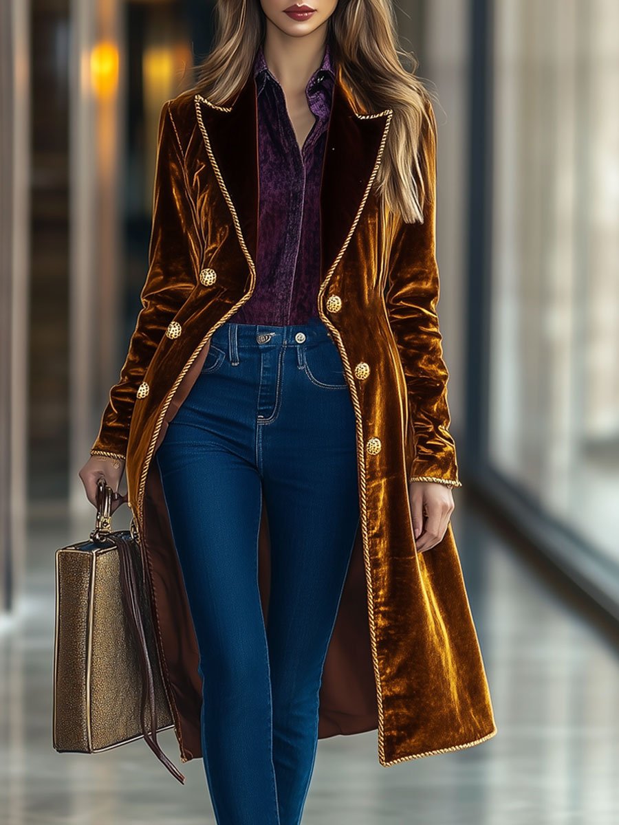 Casual Loose Retro Velvet Gold-Rimmed Lapel Double-Breasted Coat