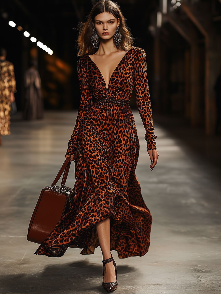 V-Neck Vintage Leopard Velvet Party Long-Sleeved Maxi Dress