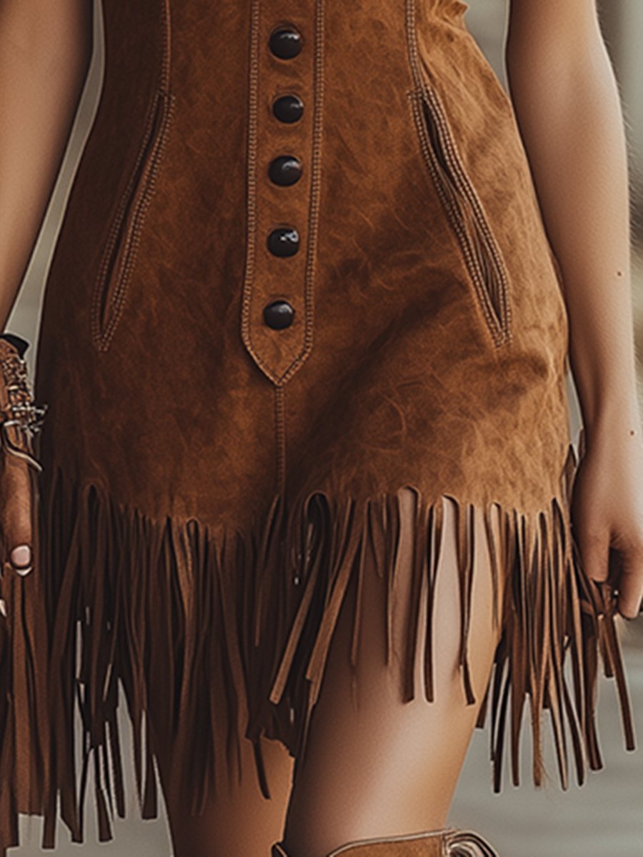 Western Style Tassel Brown Suede Vest Mini Dress