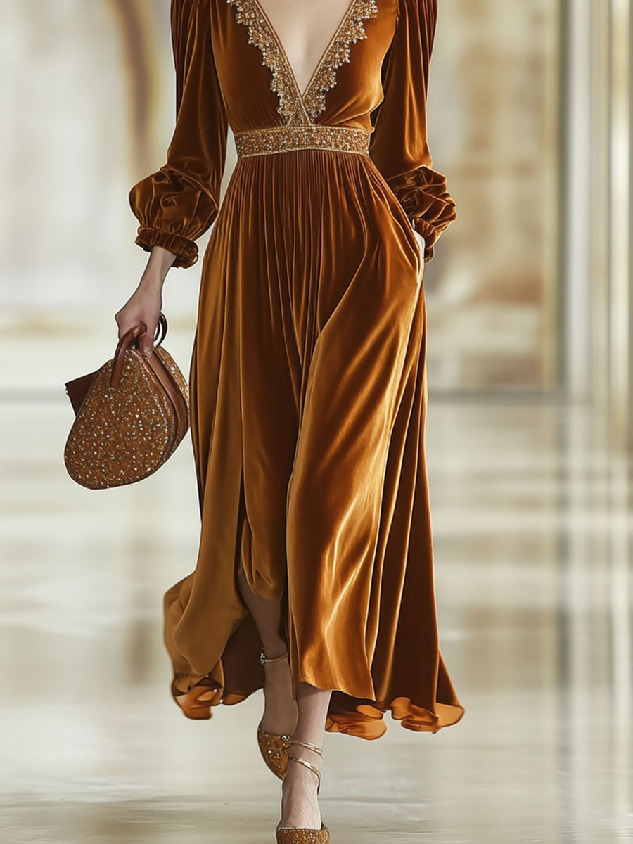 Fashion Retro V-neck Lace Splicing Long Sleeve Maxi Dress