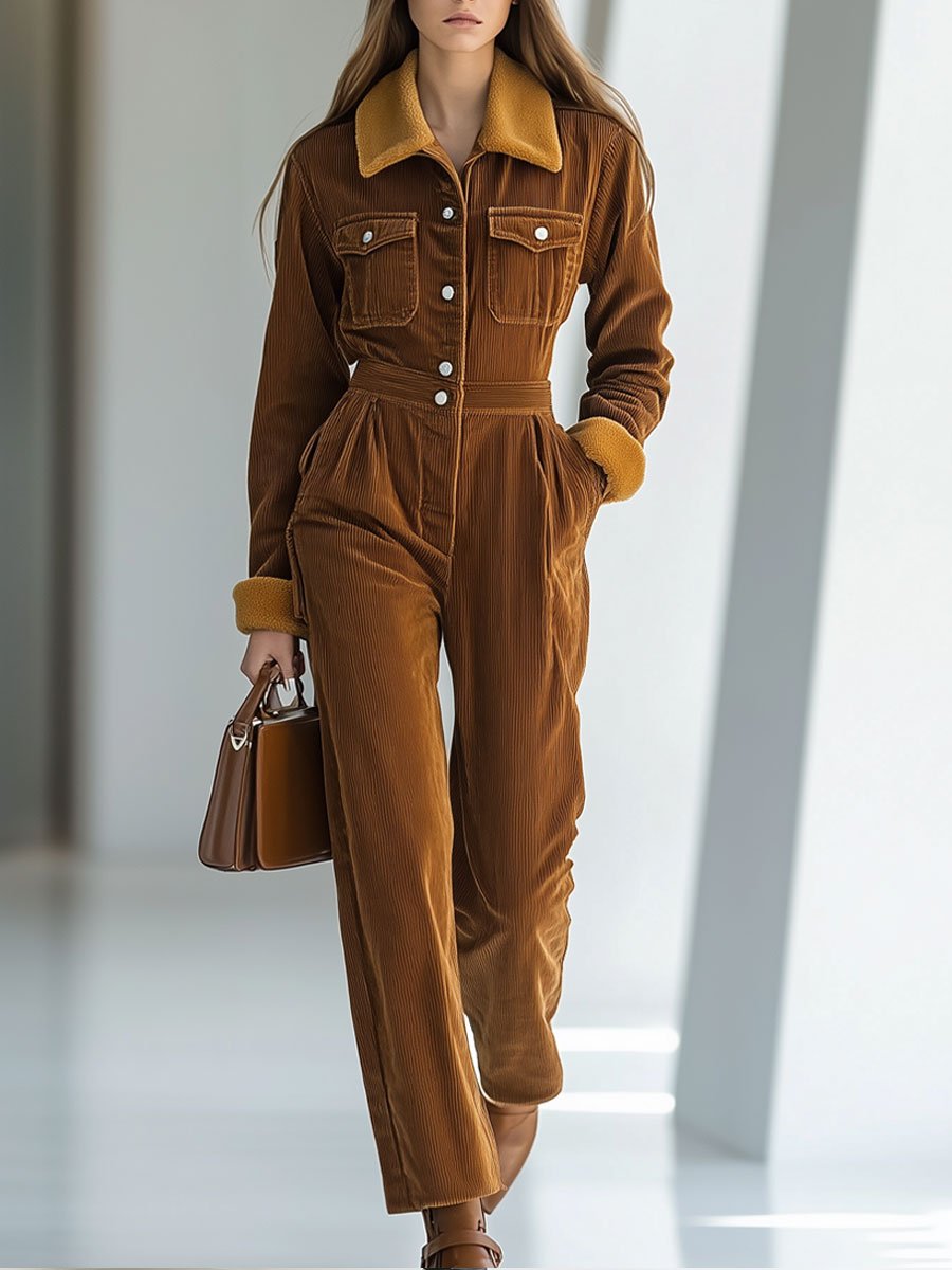 Casual Loose Retro Corduroy Lambskin Stitching Long-Sleeved Jumpsuit