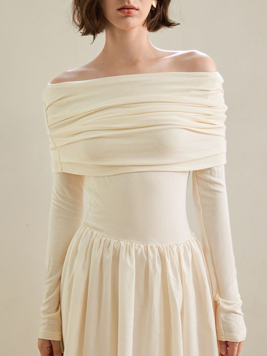 High-end Elegant Fashion One Shoulder Off-White Midi Dress