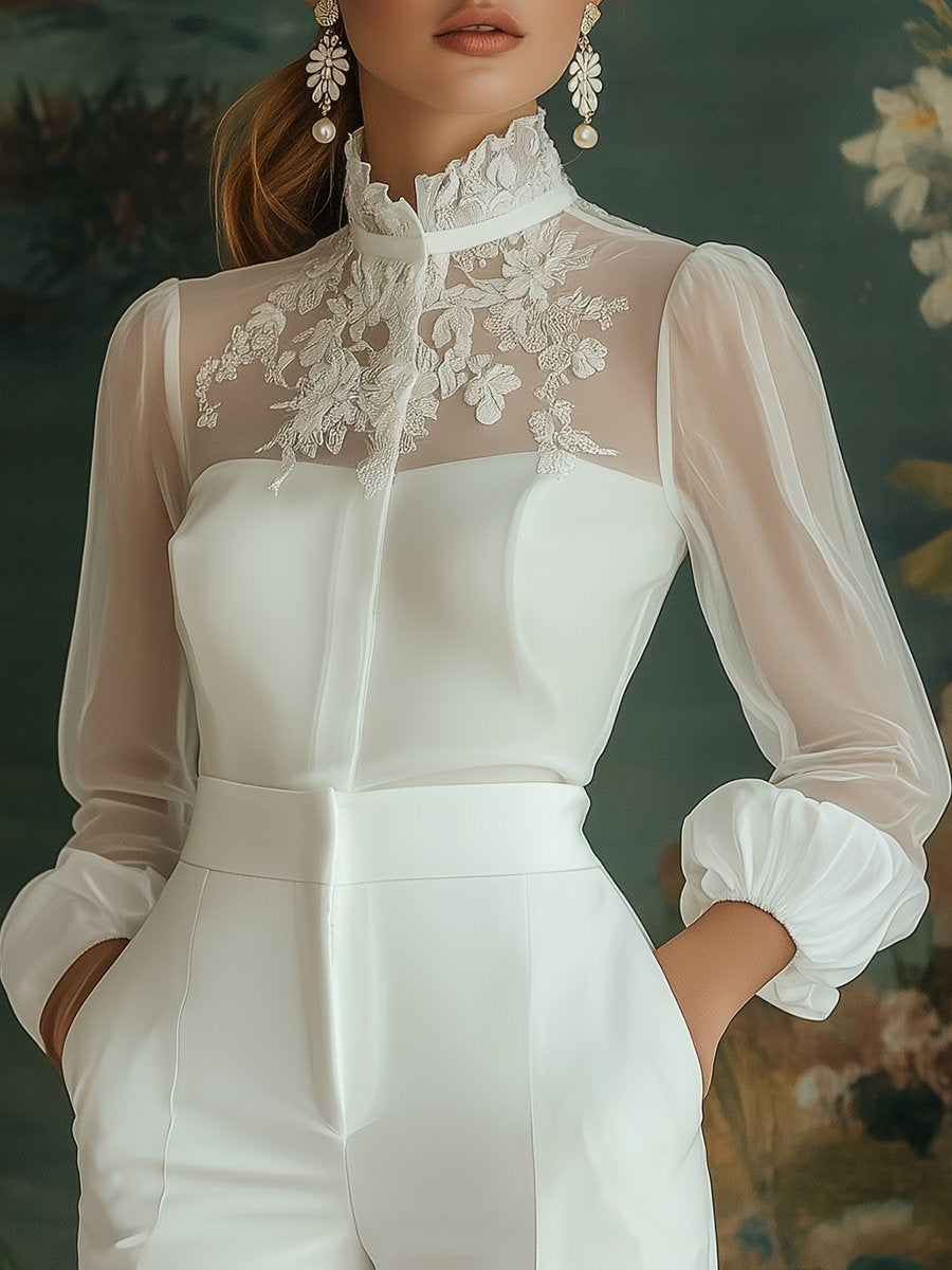 Elegant and Intellectual White Lace Transparent Collar Chiffon Shirt